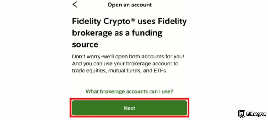 Fidelity Crypto review: brokerage account creation on Fidelity Investments app.