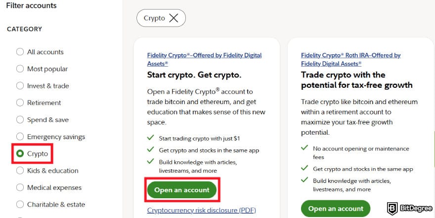 Fidelity Crypto review: creating a Fidelity Crypto account.