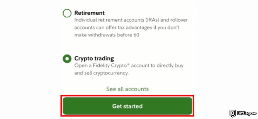 Fidelity Crypto review: [Get Started] button on Fidelity Investments app.