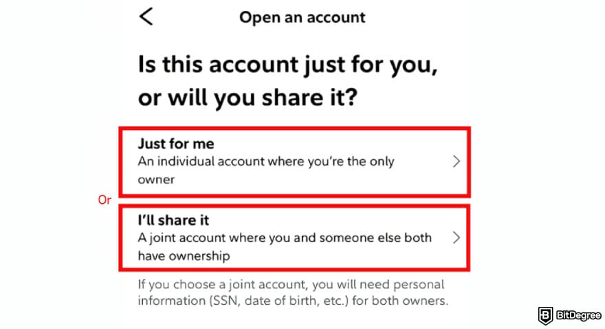 Fidelity Crypto review: individual or joint account options on Fidelity app.