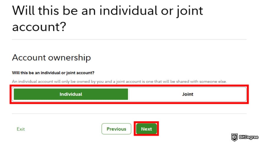 Fidelity Crypto review: individual or joint account options on Fidelity Crypto website.