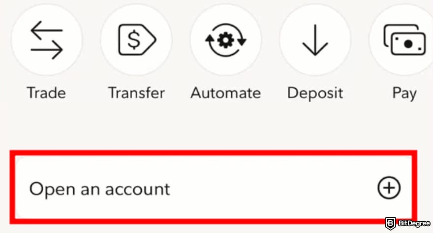 Fidelity Crypto review: [Open an account] button on Fidelity app.