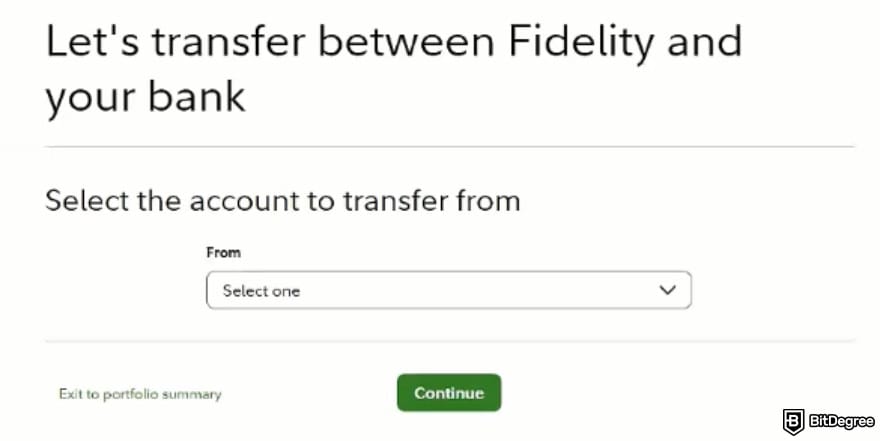 Fidelity Crypto review: selecting a bank account on Fidelity Crypto.