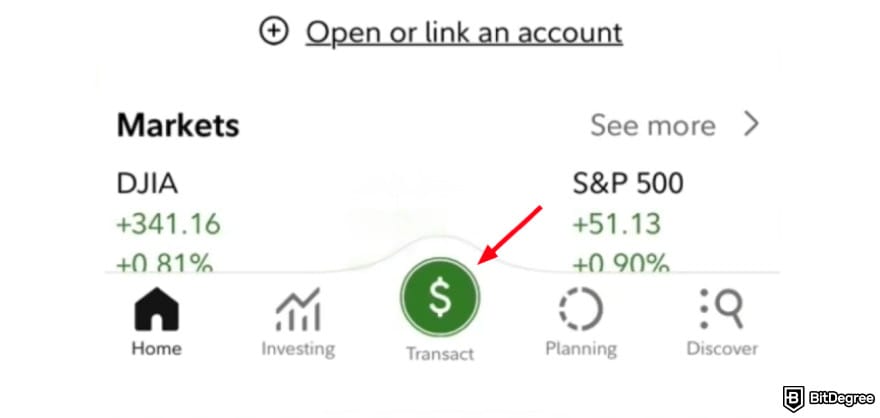 Fidelity Crypto review: [Transact] button on Fidelity Investments app.