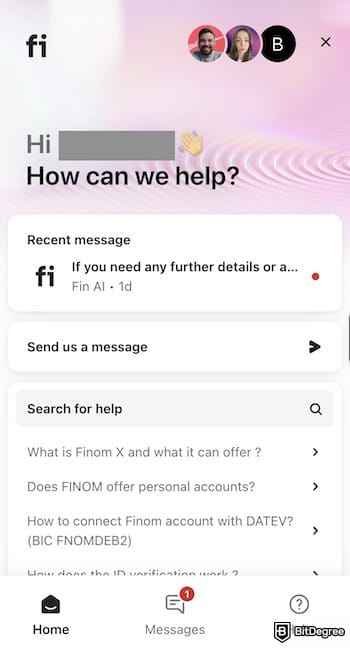 Finom review: the customer support page where you can talk to Fin.