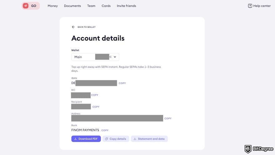 Finom review: account details.