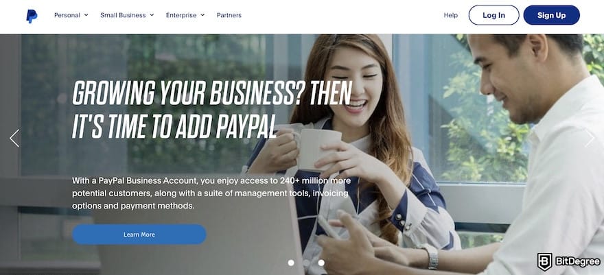 Finom review: PayPal homepage.
