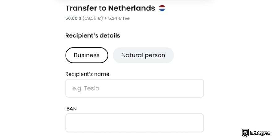 Finom review: recipient details on Finom.