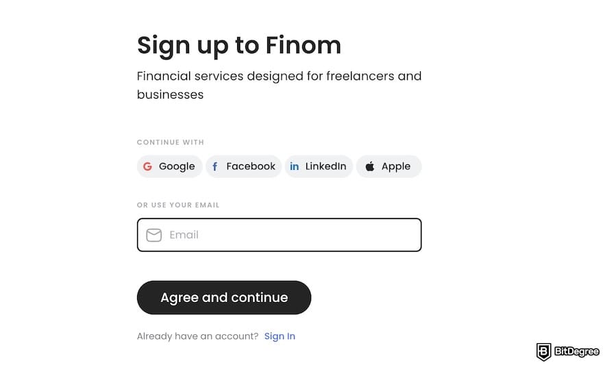 Finom review: the sign-up page on Finom.