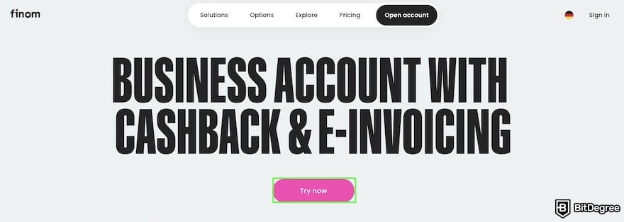 Finom review: the [Try now] button highlighted on the Finom homepage.