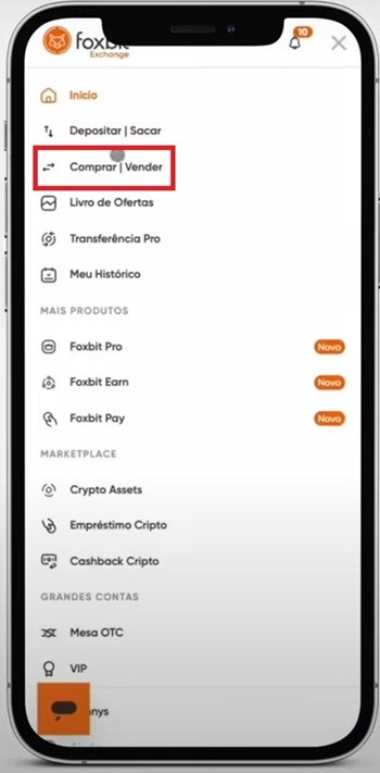 Foxbit review: the buying-selling menu on the mobile app.