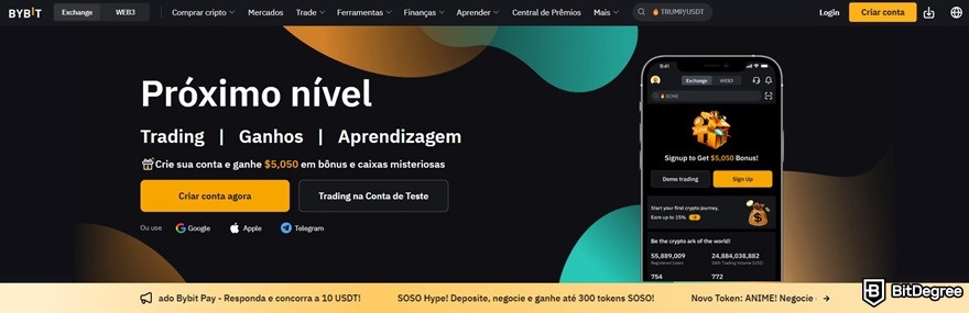 Foxbit review: Bybit homepage in Portuguese.