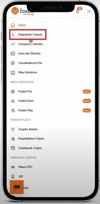 Foxbit review: the deposit menu on the mobile app.