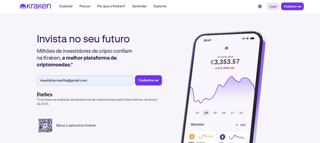 Foxbit review: Kraken homepage in Portuguese.