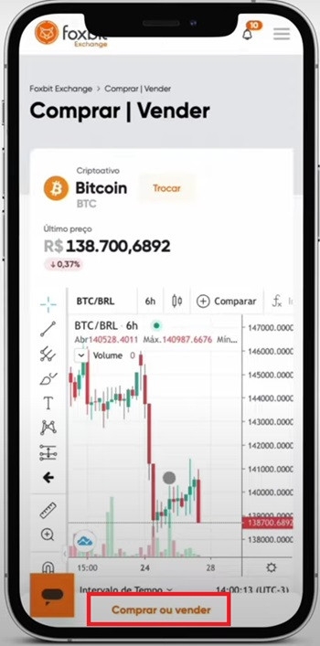 Foxbit review: selecting the cryptocurrency on the mobile app.