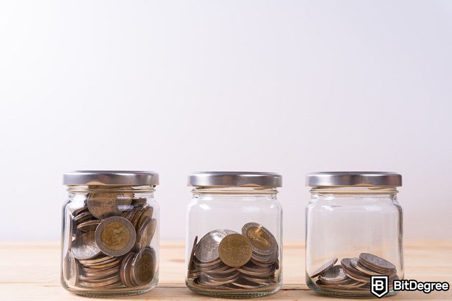 Fractional NFTs: three jars of coin with different amount of coins in them.