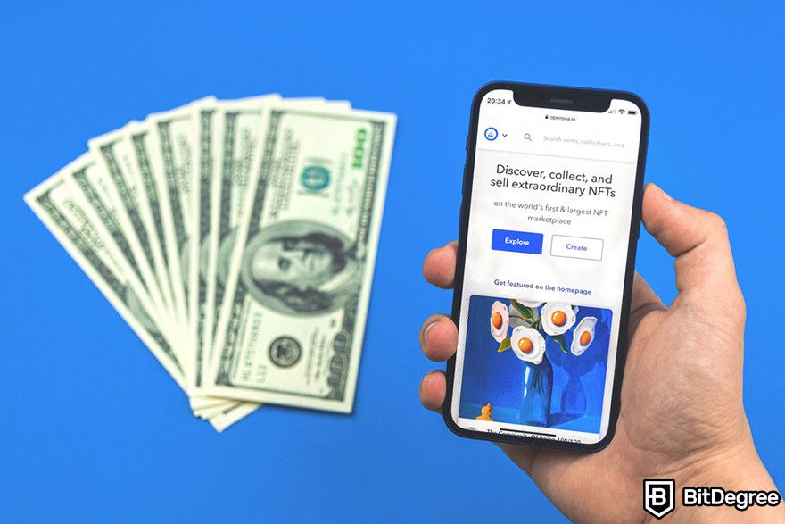 Fractional NFTs: a hand holding a smartphone displaying an NFT marketplace app, with U.S. dollar bills in the background.