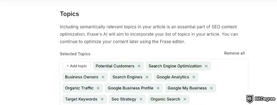 Frase.io review: Frase's Article Wizard tags.