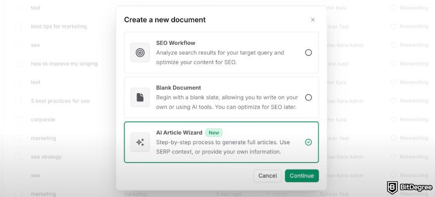 Frase.io review: Frase Article Wizard feature.