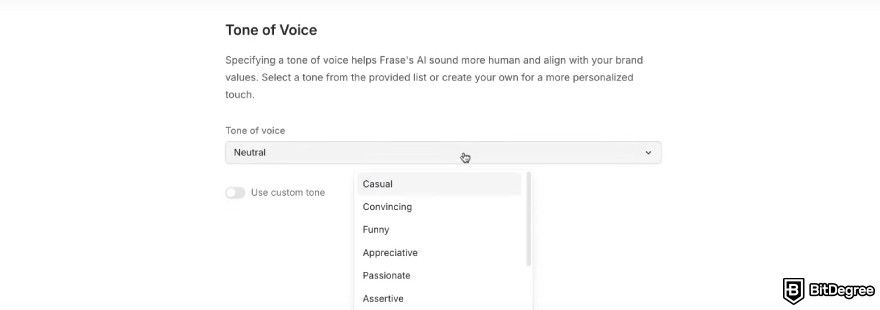 Frase.io review: Article Wizard asking to select tone of voice.