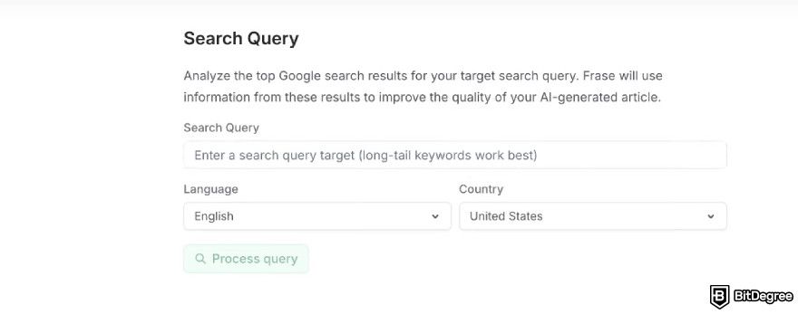 Frase.io review: Frase search query.