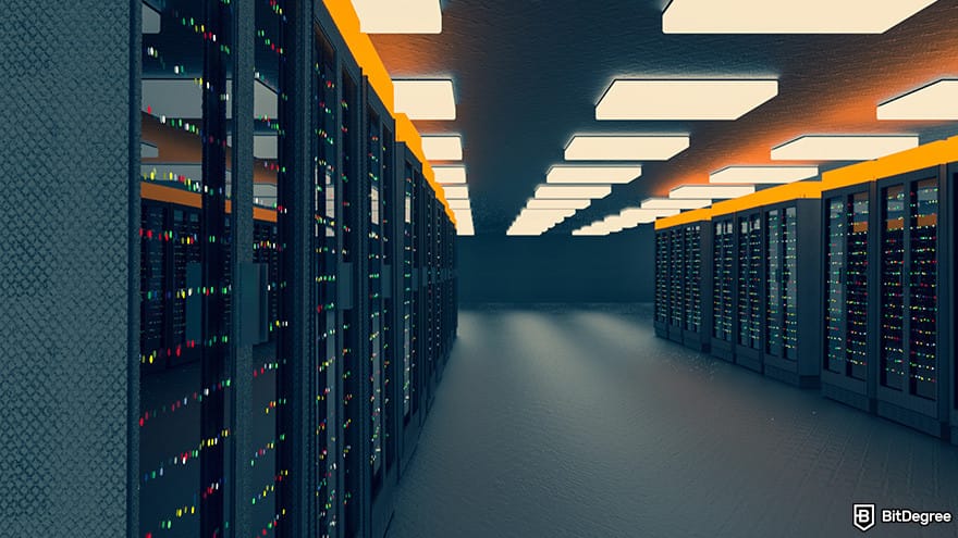 Free Cloud Mining: a hallway in a server room.