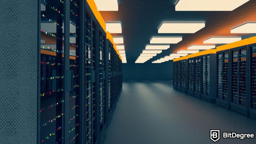 Free Cloud Mining: A hallway in a server room.