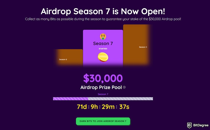 Free crypto rewards: the landing page for BitDegree Airdrop Season 7.