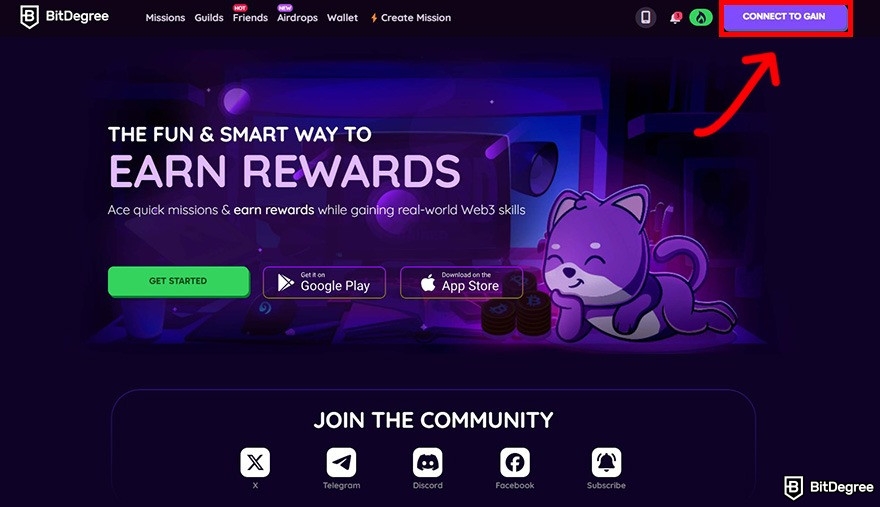 Free crypto rewards: BitDegree's homepage with the Connect to Gain button highlighted.