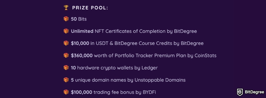 Free NFT airdrops: BitDegree exam prize pool.