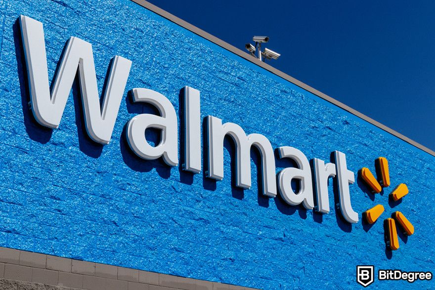 Future of blockchain: Walmart's logo on a blue building.