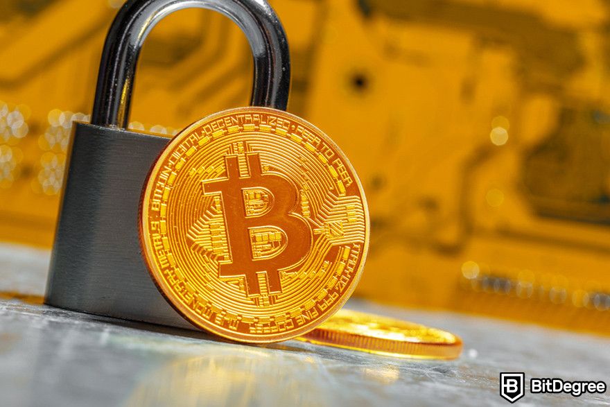 Future of cryptocurrency: A Bitcoin token and a black padlock.