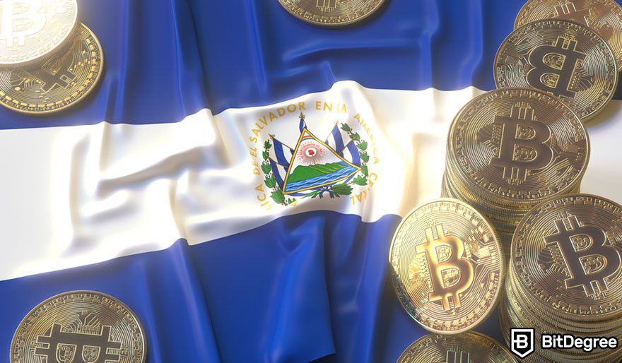Future of cryptocurrency: Stacks of Bitcoin tokens on top of El Salvador's national flag.