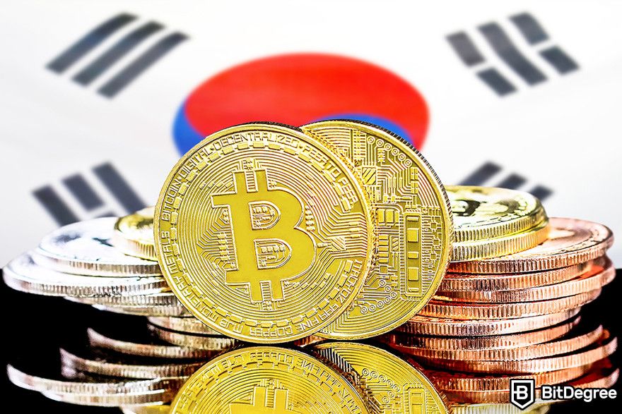 Future of cryptocurrency: Stacks of Bitcoin tokens in front of the South Korean flag.