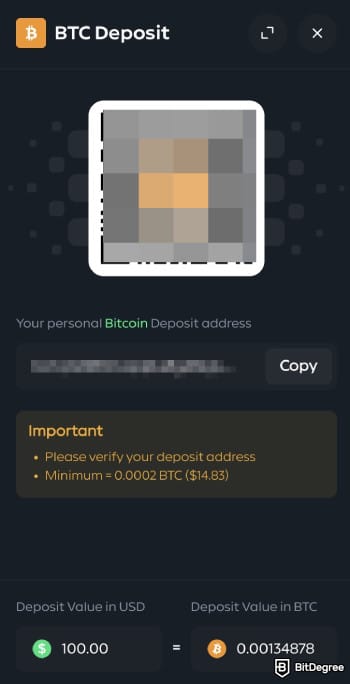 Gamdom casino review: BTC deposit page.