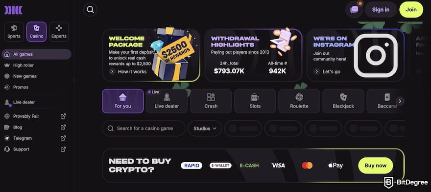 Gamdom casino review: Cloudbet's casino page.