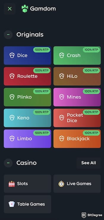 Gamdom casino review: Gamdom's sidebar, showing different categories of its Originals and casino games.