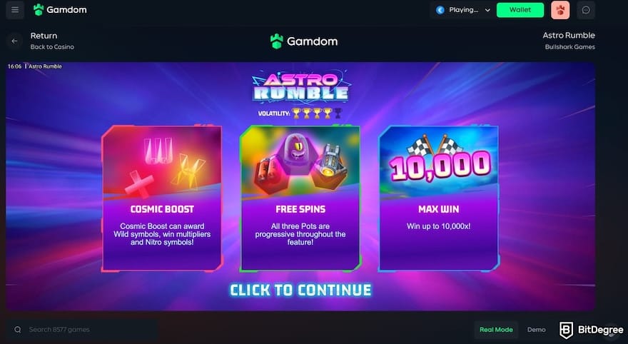 Gamdom casino review: Gamdom's gameplay interface, showing Astro Rumble.