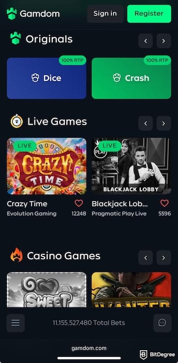 Gamdom casino review: Gamdom's homepage on mobile.