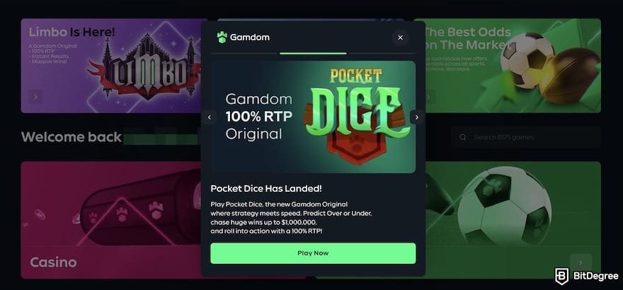 Gamdom casino review: the promotions banner on Gamdom's homepage.