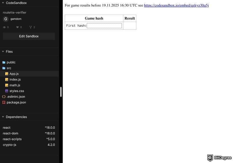 Gamdom casino review: the sample code to generate game hashes.