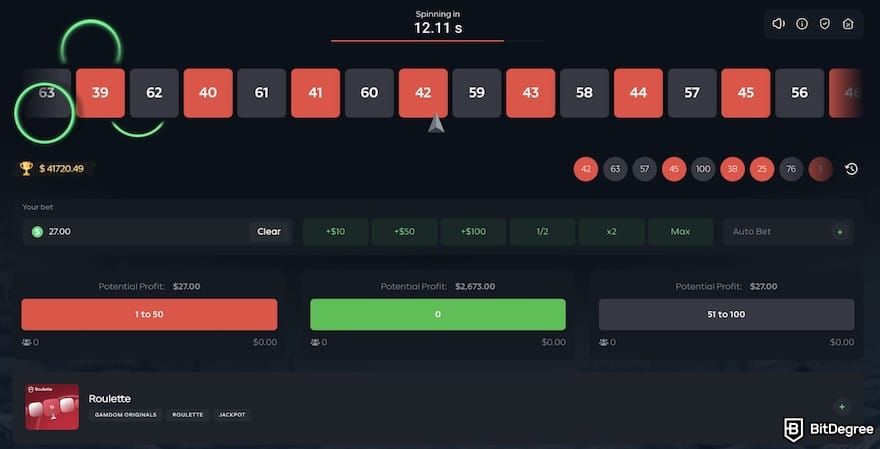 Gamdom casino review: the roulette interface on Gamdom.