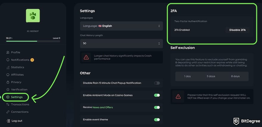Gamdom casino review: Gamdom's security settings.