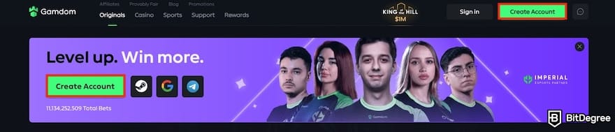 Gamdom review: the [Create Account] button on the Gamdom homepage.