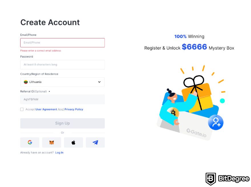 Gate.io exchange review: account creation.