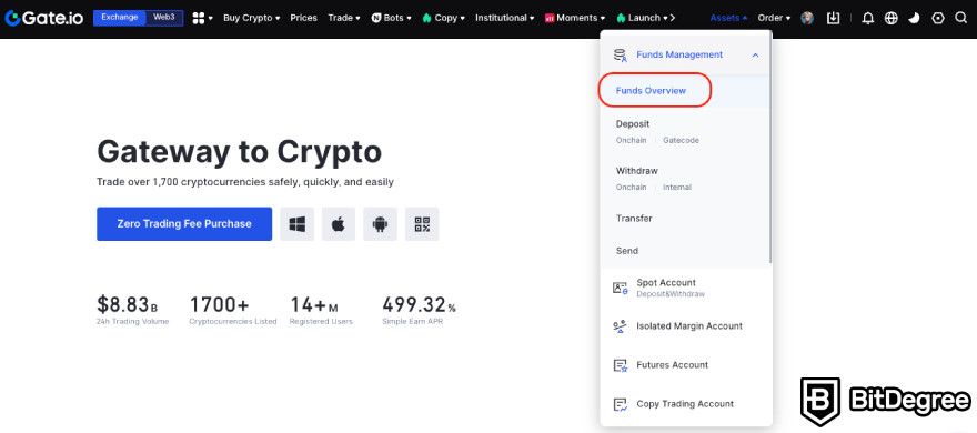 Gate.io exchange review: accessing the funds overview page.