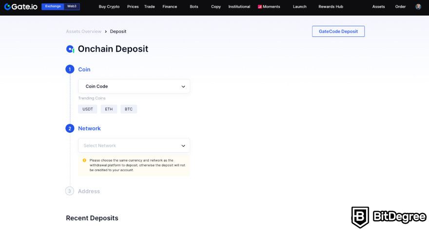 Gate.io exchange review: the Onchain deposit.