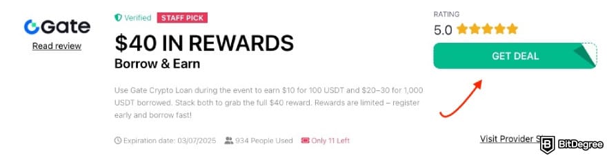 Gate referral code: a red arrow pointing to the [GET DEAL] button on BitDegree's page.