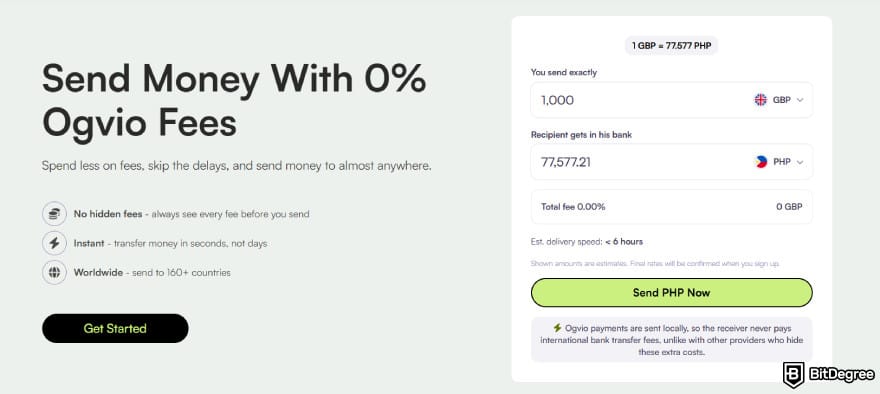GCash review: Ogvio's fee estimater for GBP-PHP transfer.