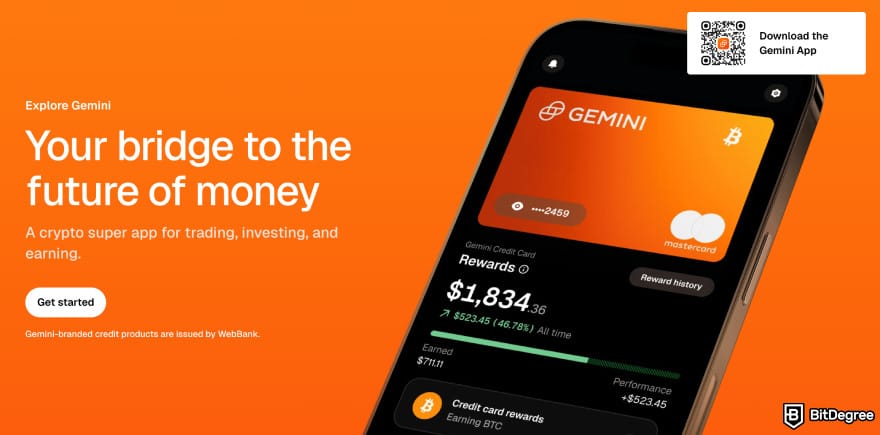 Gemini vs Binance: Gemini's current slogan about being the bridge to the future of money.